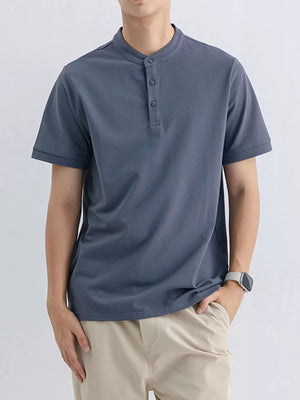 Men's blue gray cotton t-shirt with mandarin collar and button placket