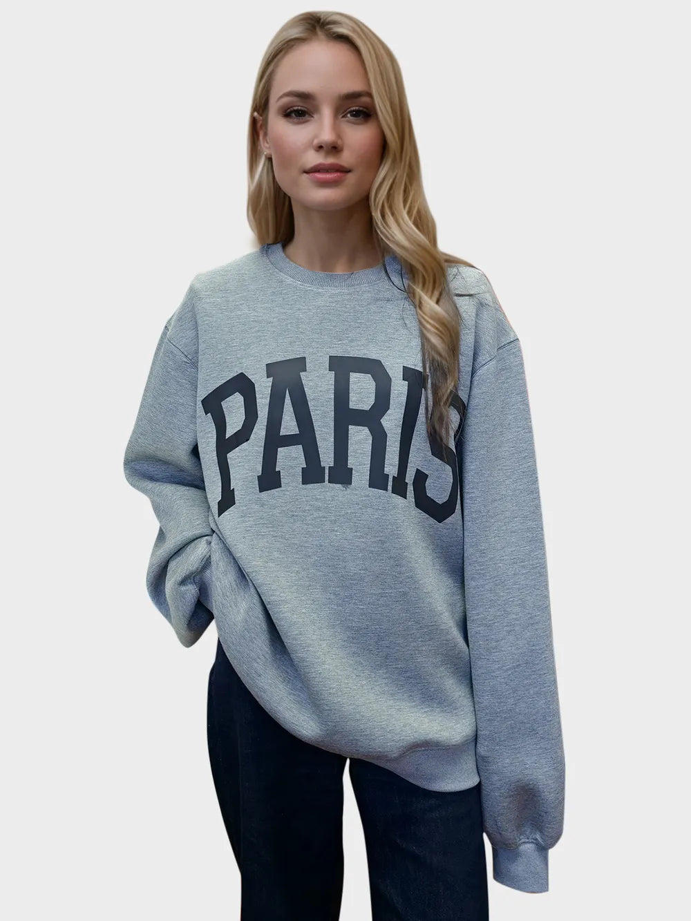 Gray crewneck sweatshirt with black Paris graphic print
