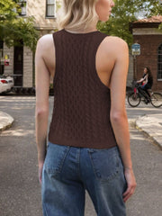 Dark brown cable knit tank top with a crew neck and sleeveless design.