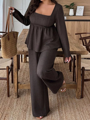 Dark brown ruched two-piece set with square neck top and wide-leg pants