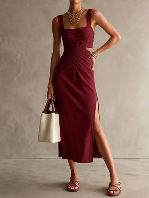 Ruched Cut-out Midi Dress in Light Yellow