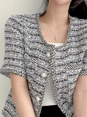 Blue with Pearl Button Short Sleeve Tweed Jacket in Blue