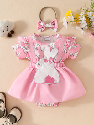 Pink baby dress with bunny print, applique, ruffle sleeves, and matching bow headband.