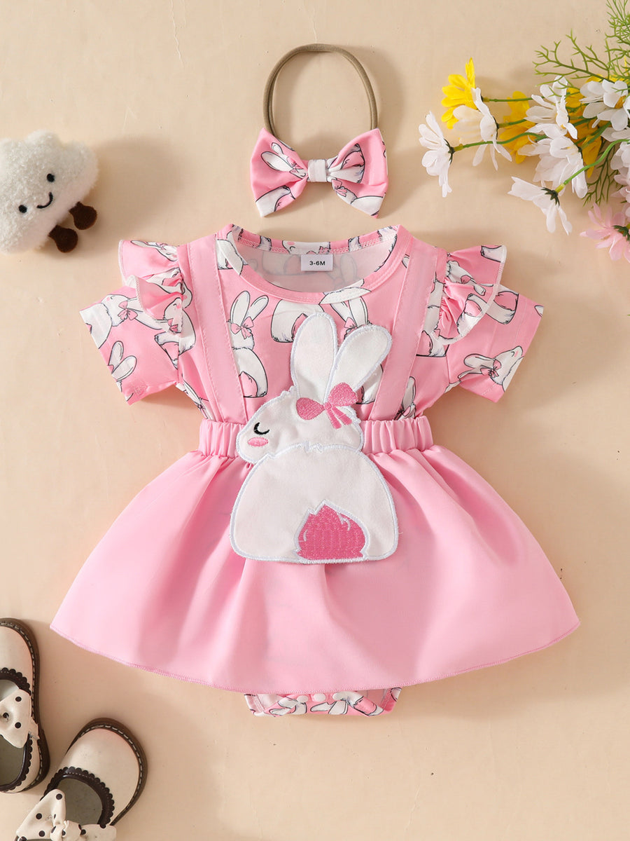 Pink baby dress with bunny print, applique, ruffle sleeves, and matching bow headband.