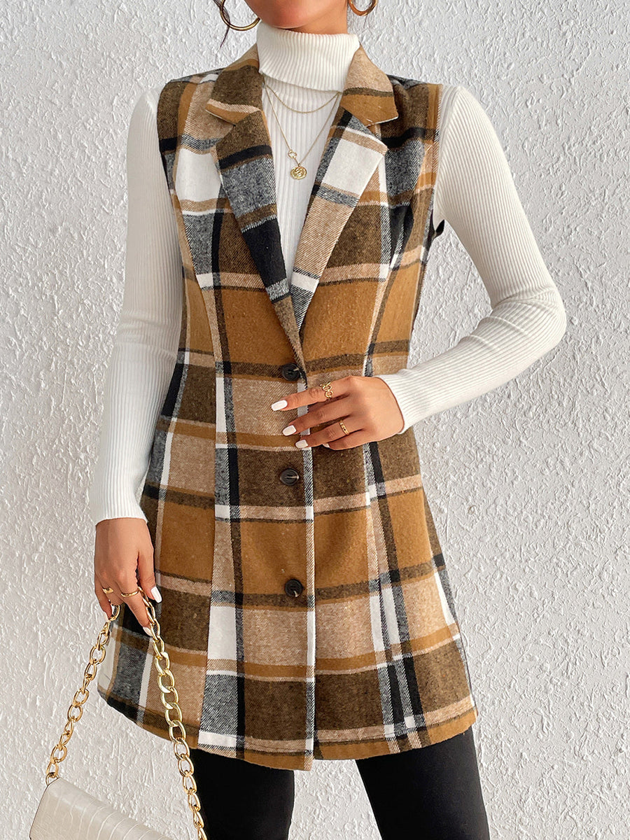 Camel plaid blazer vest with tailored silhouette and button front, worn over a white turtleneck.