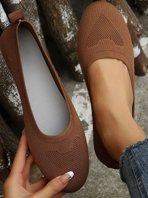 Knit ballet flats in dark brown with subtle textured detail and pull tab.