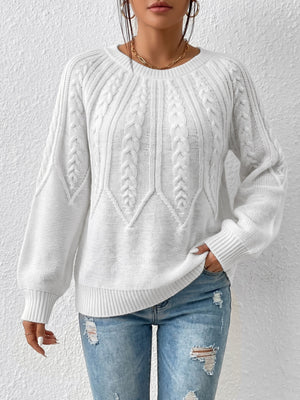 white pullover sweater with cable knit and crew neck