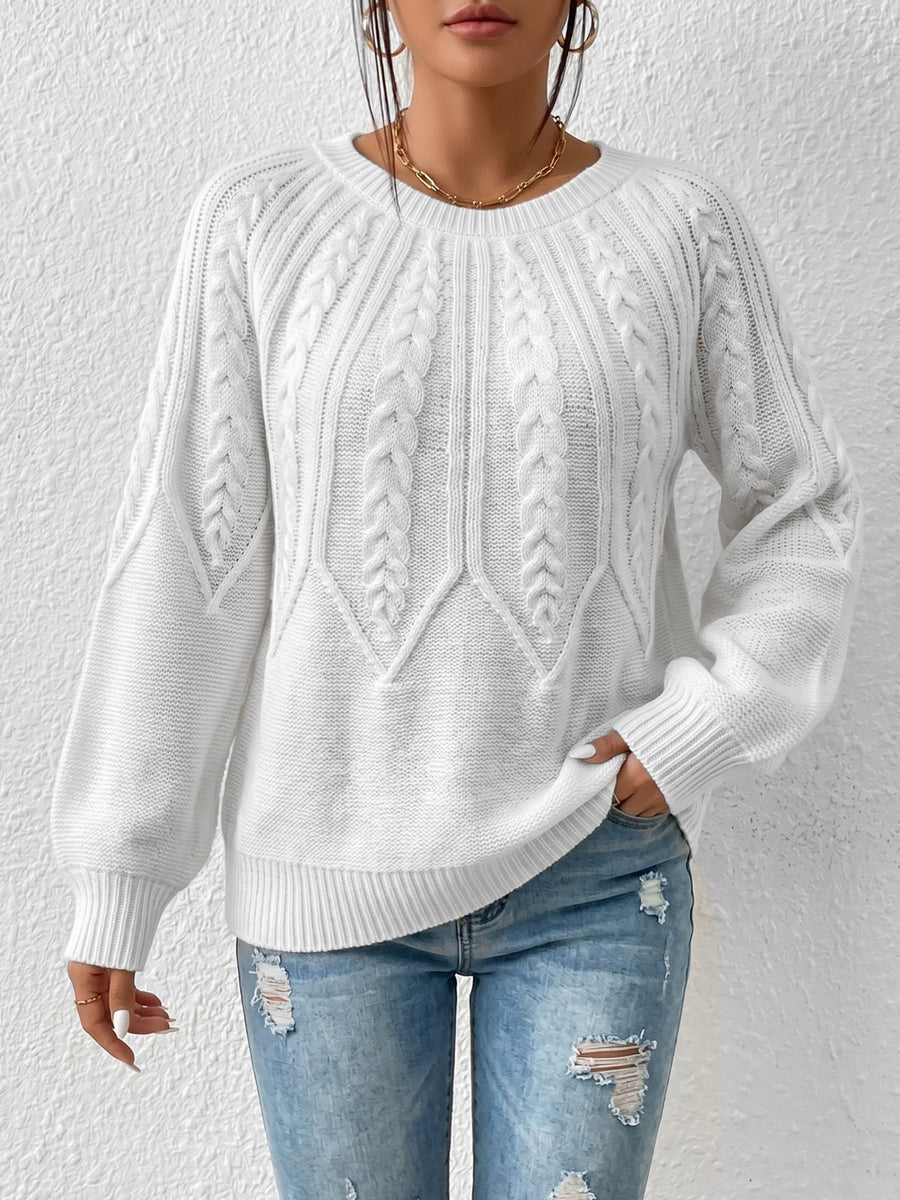 white pullover sweater with cable knit and crew neck