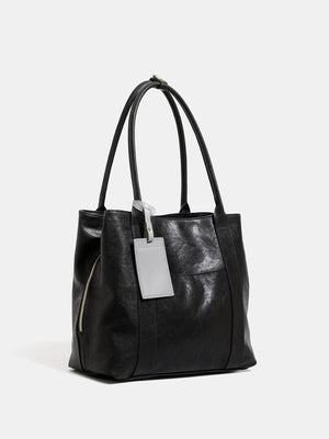 PU Leather Imported Size &amp tote in Black with boxy silhouette