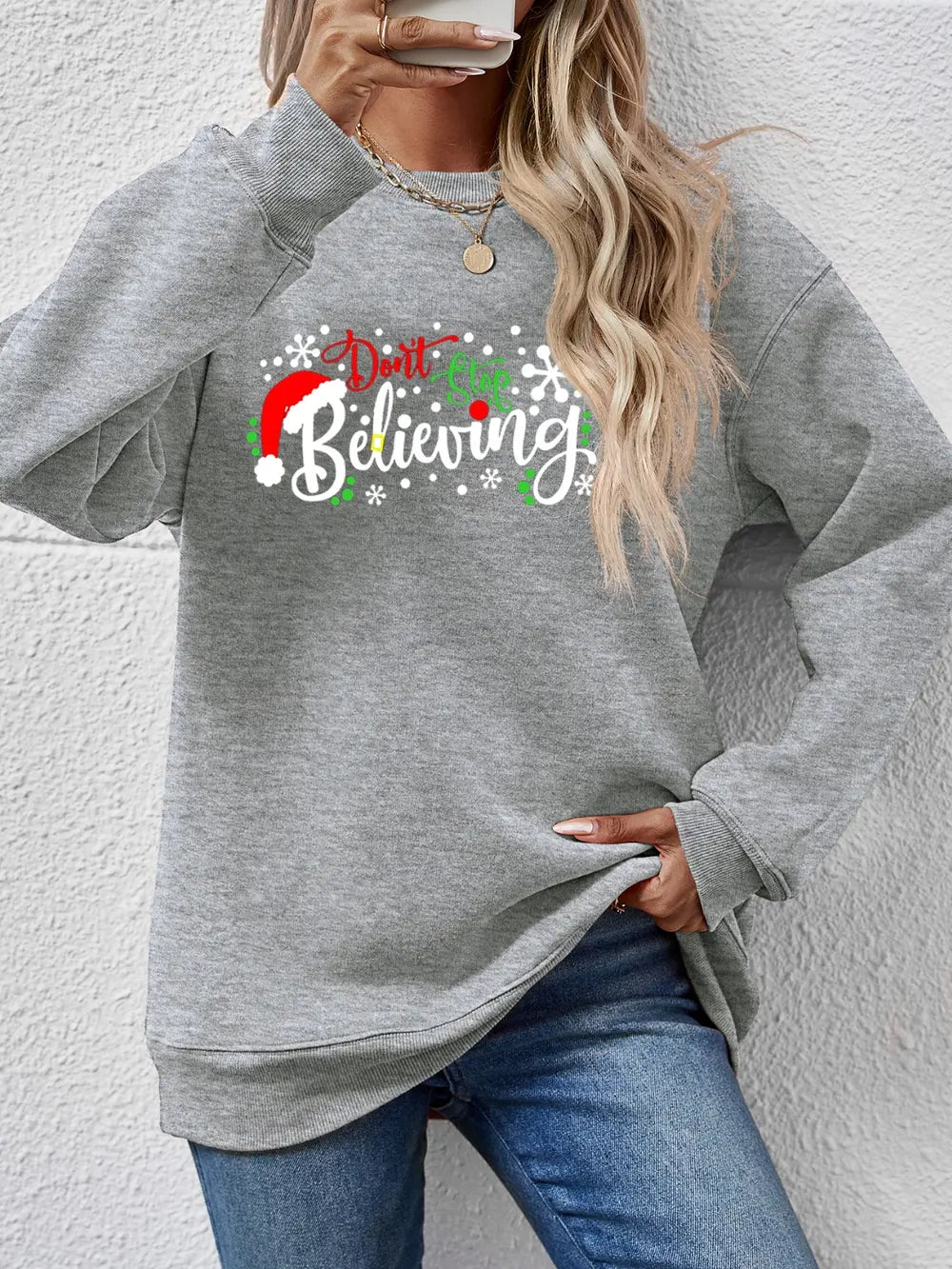 Graphi-Cool Long Sleeve Sweater in Charcoal with holiday graphic and Santa hat.