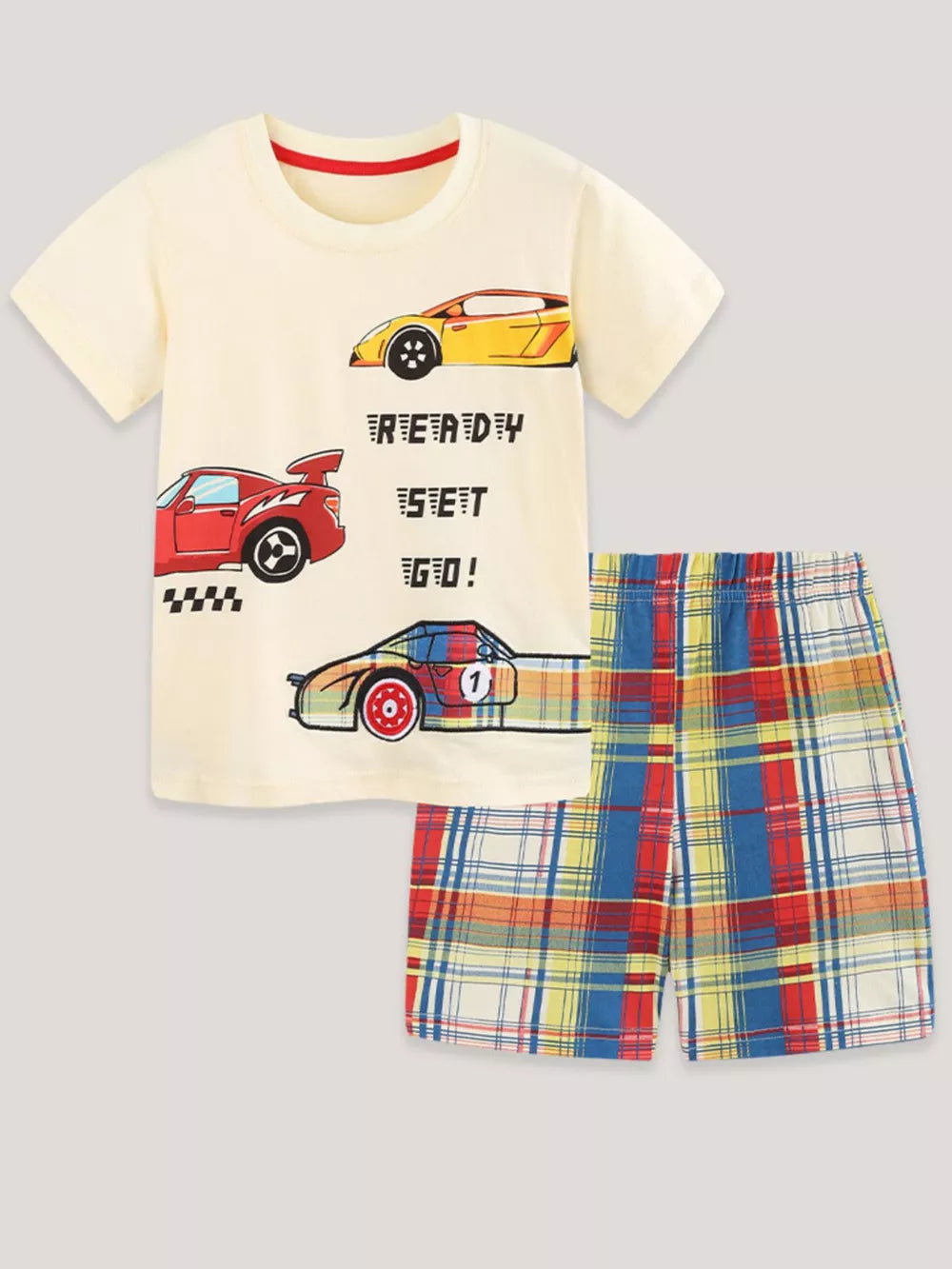 Baby cotton t-shirt with racing car graphic and plaid shorts set.