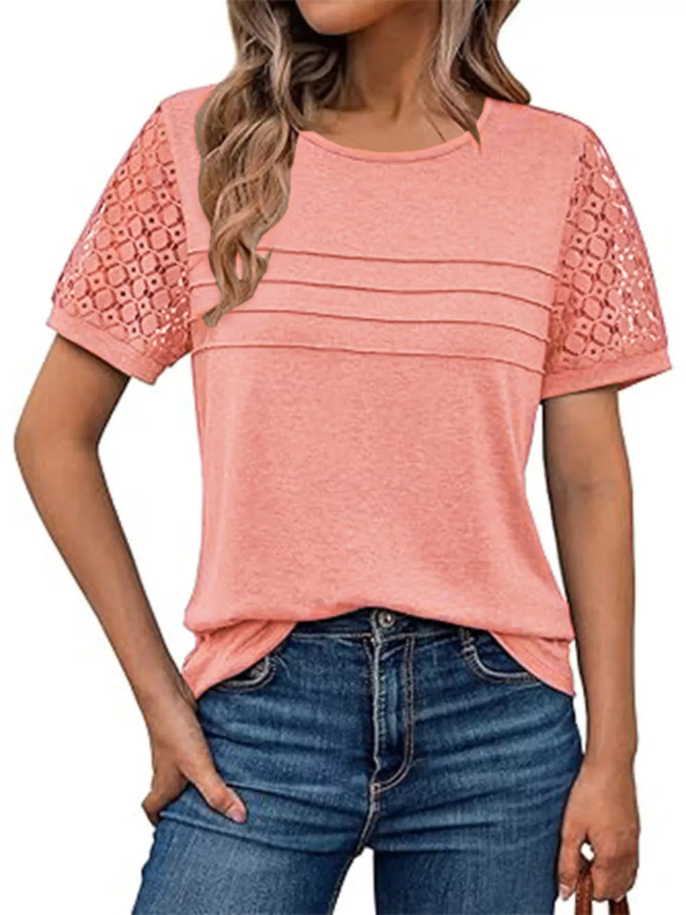 coral pink t-shirt with geometric and round neck