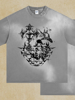 Gray distressed graphic tee with raw hem and a black abstract graphic print.