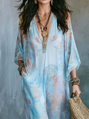 Green loose maxi dress with v-neck