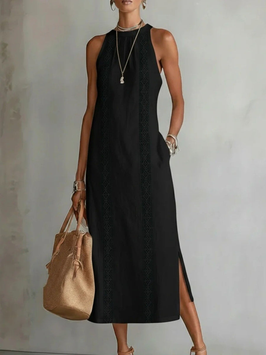 Black sleeveless midi dress with pockets and geometric trim detail