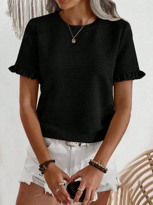 Black textured t-shirt with ruffle cap sleeves and crew neck.