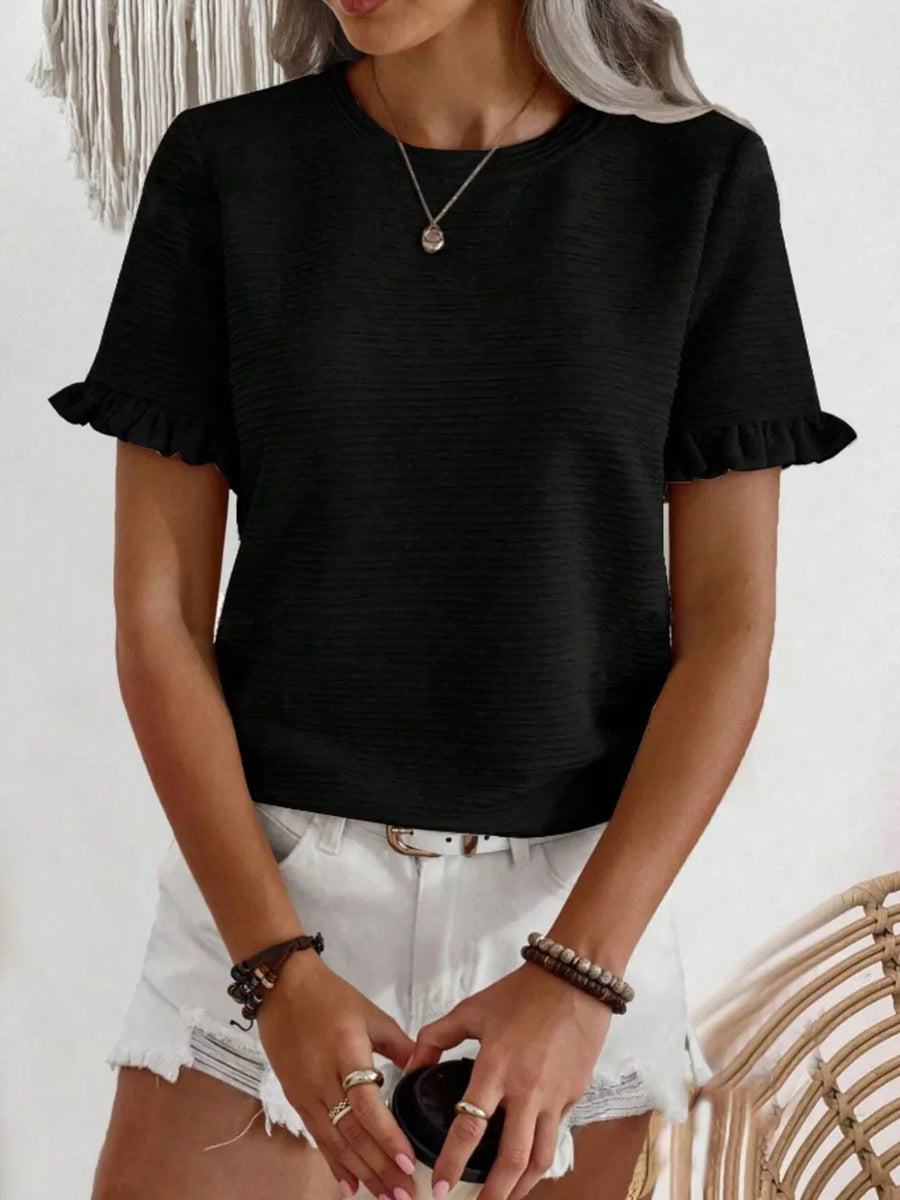 Black textured t-shirt with ruffle cap sleeves and crew neck.