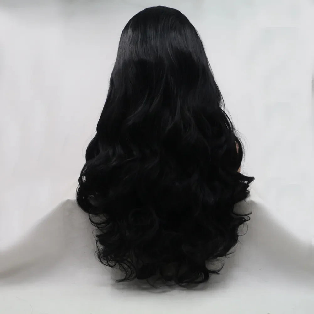 Black lace front wig with long, wavy, cascading hair.