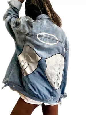 denim jacket in white with graphic print and oversized
