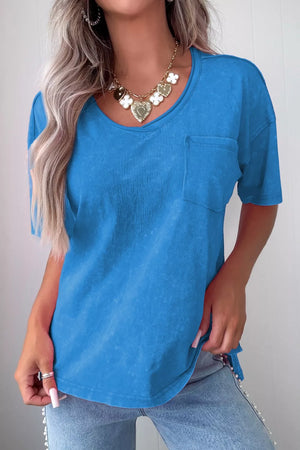 Blue cotton v-neck t-shirt with short sleeves and a chest pocket.