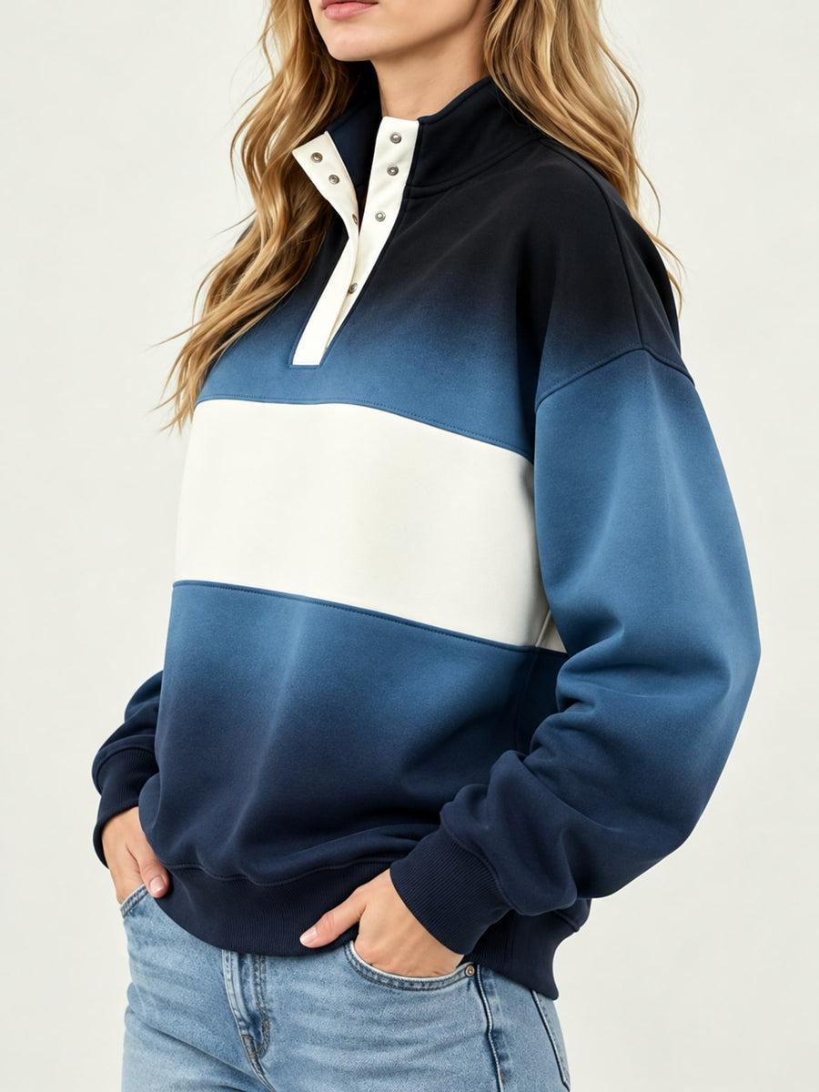 Burgundy sweatshirt with half-button and color-block, abstract-print