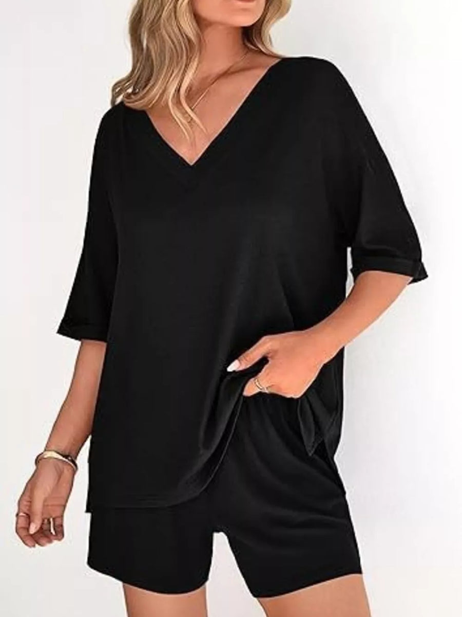 Black Solid Color V-neck And Shorts Set