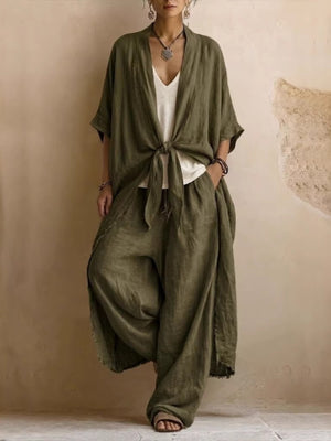 Brown two-piece set with raw hem and elbow sleeve