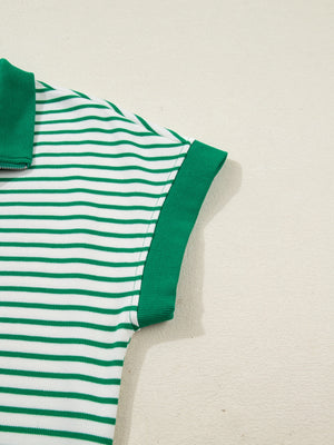 Green and white striped polo collar dress with short sleeves and ribbed cuffs.