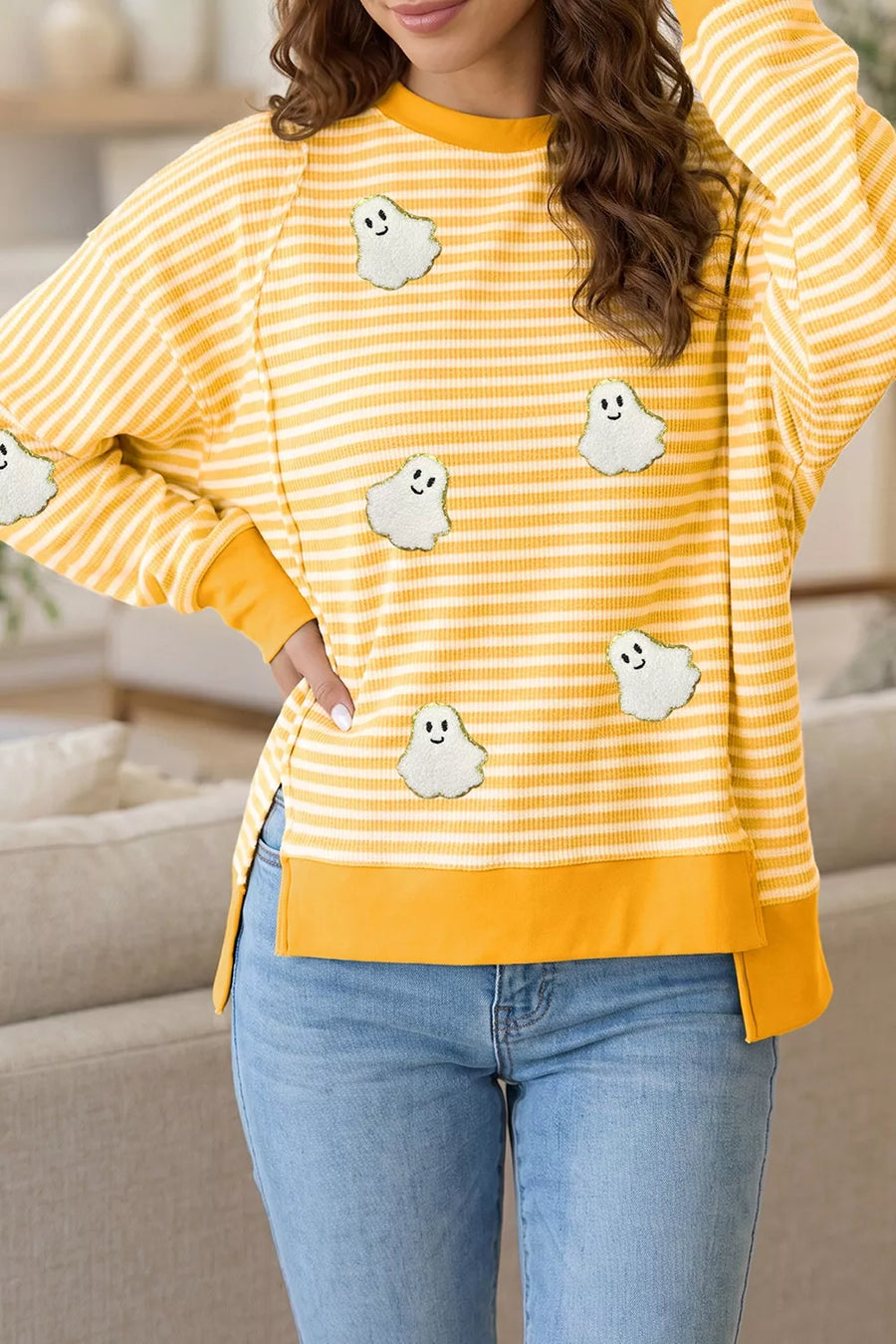 95% polyester, 5% elastane Care instructions: Machine wash cold pullover sweater in Sherbet with relaxed silhouette