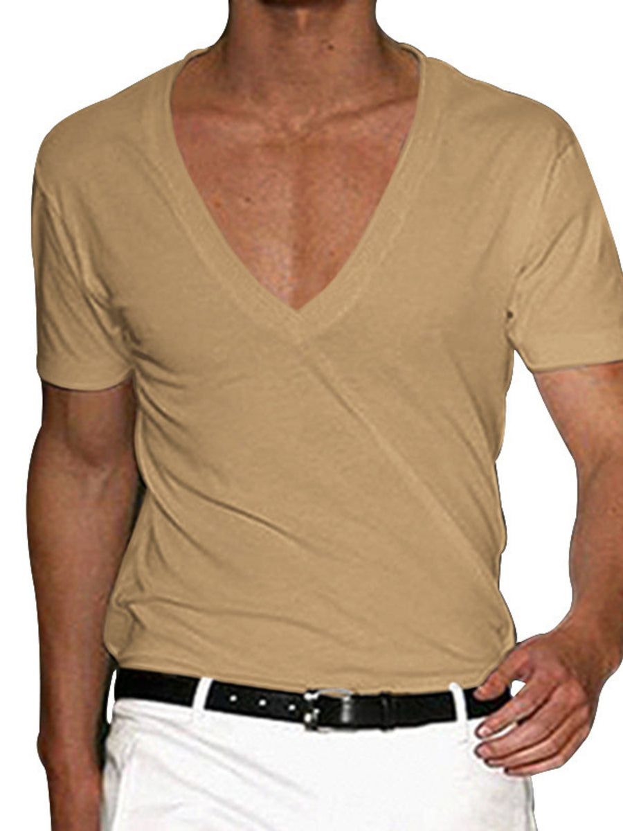Khaki cotton blend slim fit tee with deep V-neck and short sleeves.