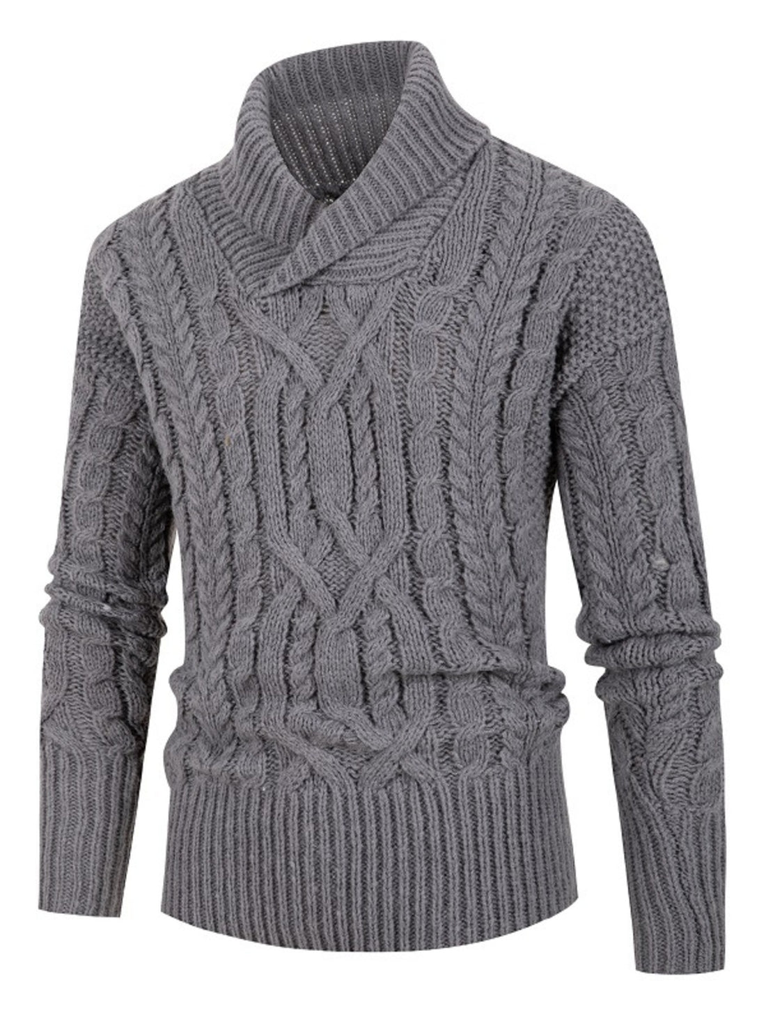 slate gray pullover sweater with cable knit and shawl lapel