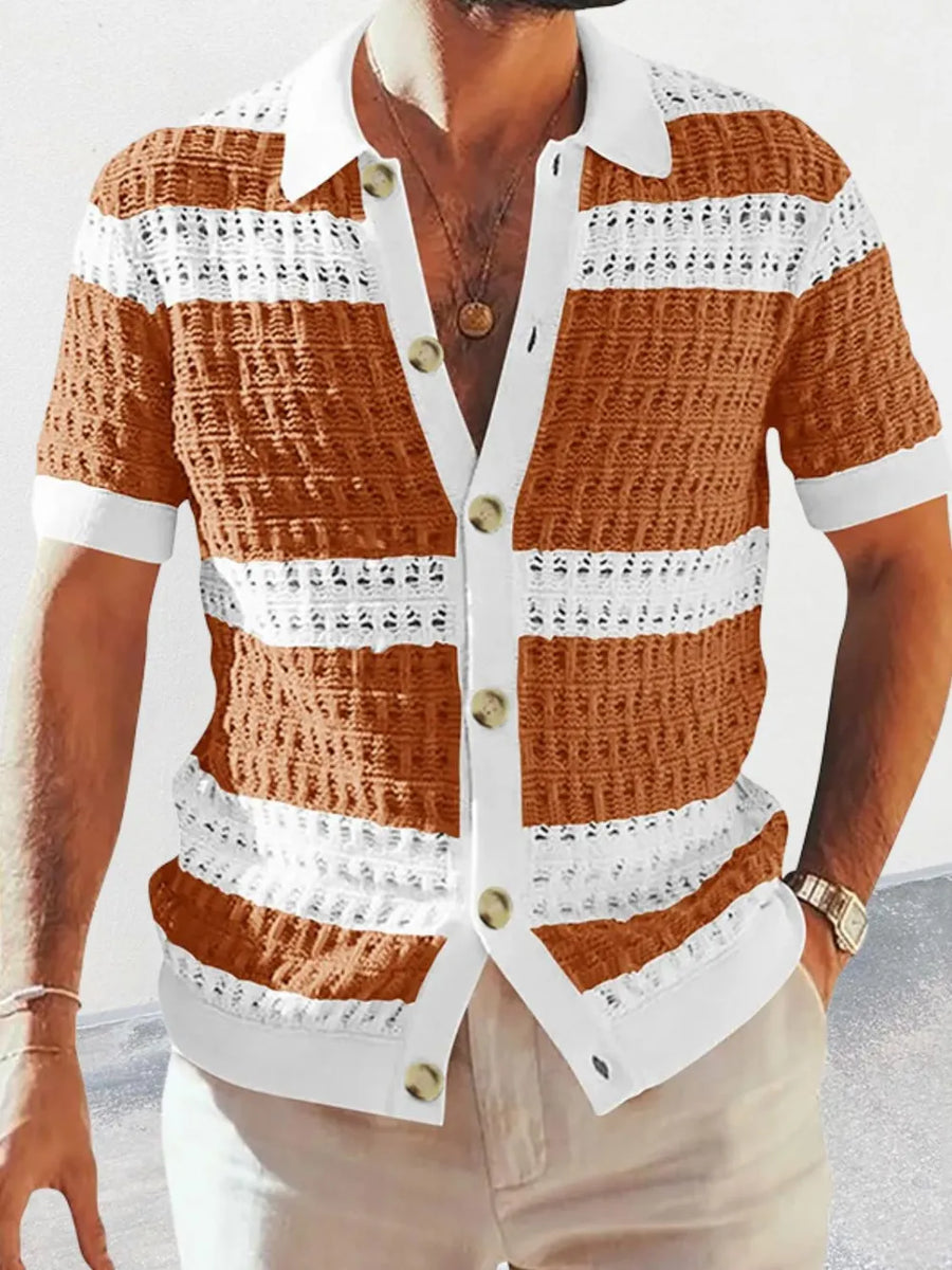 Striped crochet polo shirt in caramel and white with a button-up neckline and short sleeves.