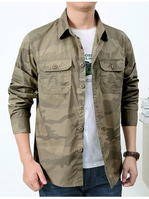 Grey with Men's Plus Size Camouflage Print Long Sleeve Shirt