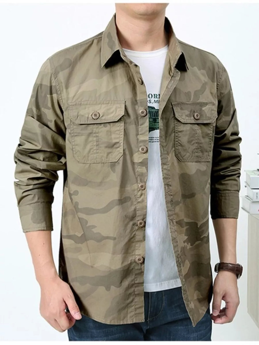 Grey with Men's Plus Size Camouflage Print Long Sleeve Shirt