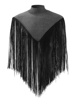 Embellished collar fringe overlay top in black with a textured gray yoke.