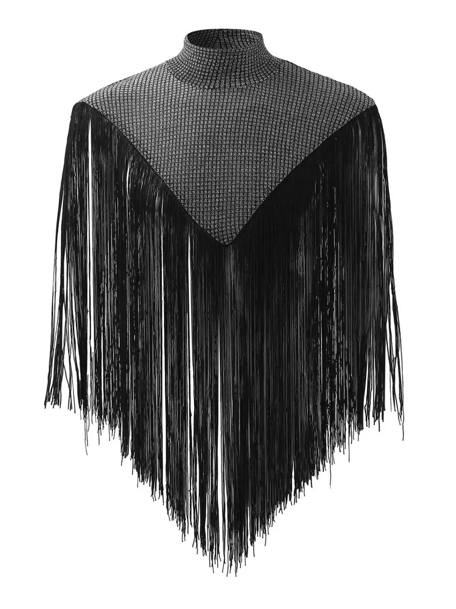 Embellished collar fringe overlay top in black with a textured gray yoke.