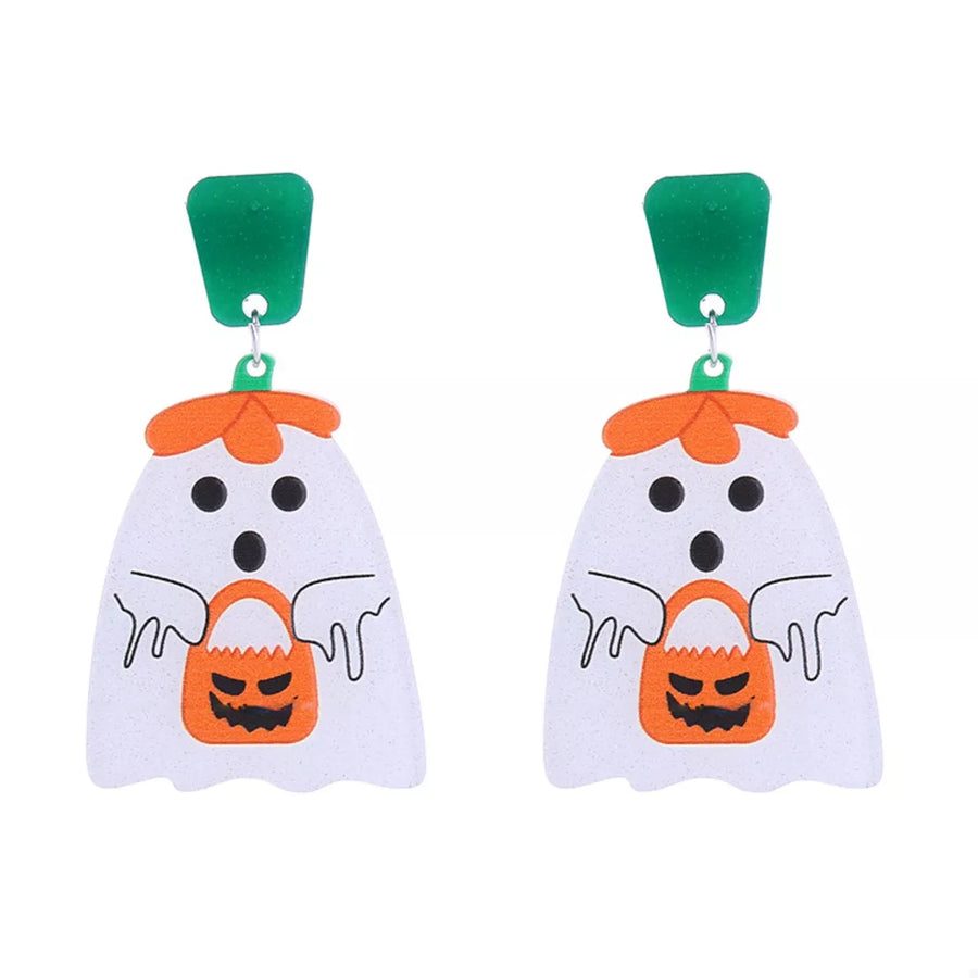 Spooky ghost dangle earrings with jack-o-lantern candy bags and green tops.