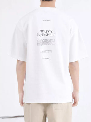 White cotton blend crew neck t-shirt with graphic text print on back