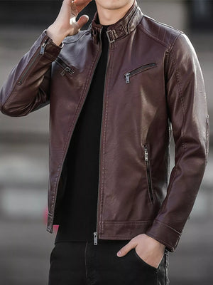 Men's maroon leather jacket with zip front and zippered pockets.