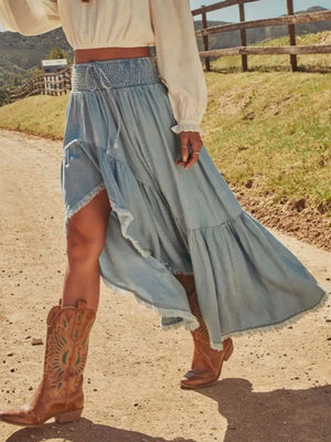 50%cotton, 50%spandex Care instructions: Machine wash cold maxi skirt in Light Blue with A-line silhouette