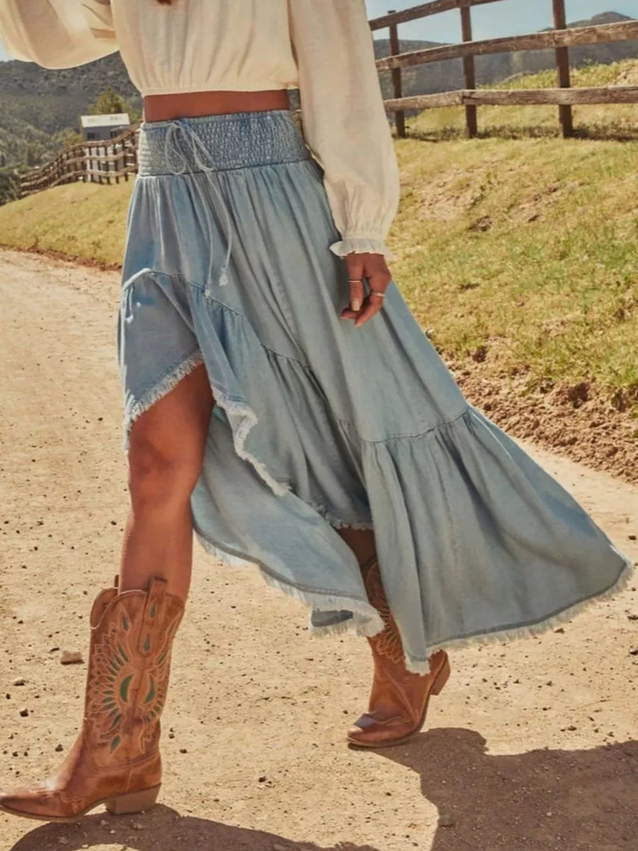 50%cotton, 50%spandex Care instructions: Machine wash cold maxi skirt in Light Blue with A-line silhouette