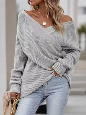 Purple Crisscross Ribbed Knit Long Sleeve Sweater