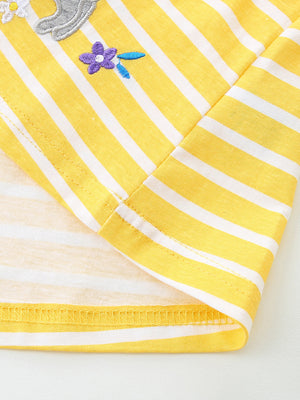 Yellow and white striped cotton toddler dress with bunny and flower embroidery detail.