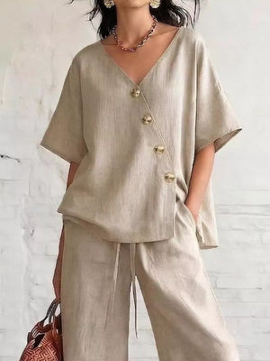 Blue with Full Size Surplice Half Sleeve Top And Wide-leg Pants Set