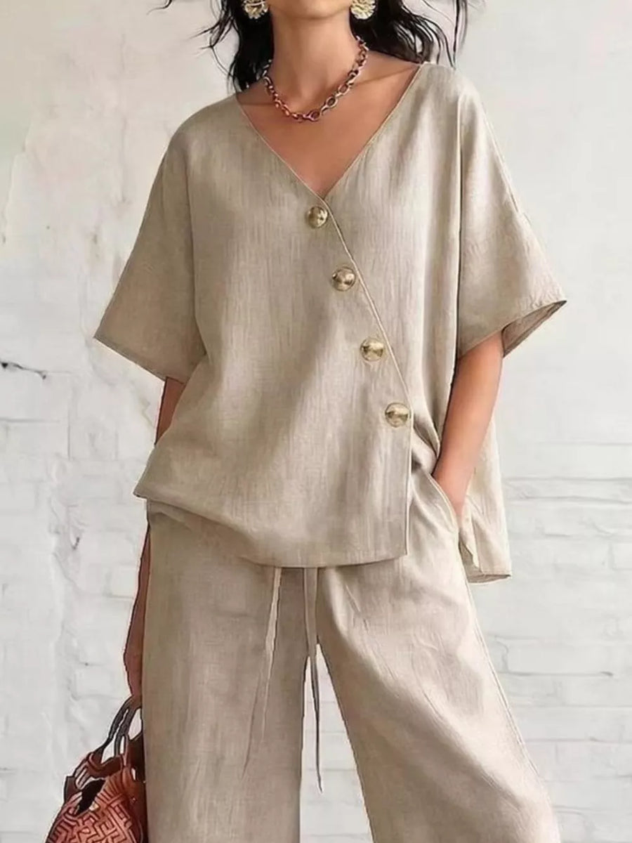 Blue with Full Size Surplice Half Sleeve Top And Wide-leg Pants Set