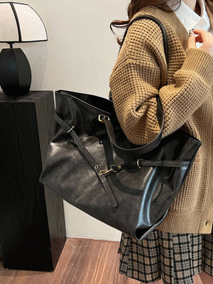 PU Leather Imported Size &amp tote in dark gray with loose silhouette