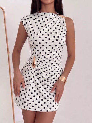 White with Ruched Asymmetrical Sleeveless Mini Dress