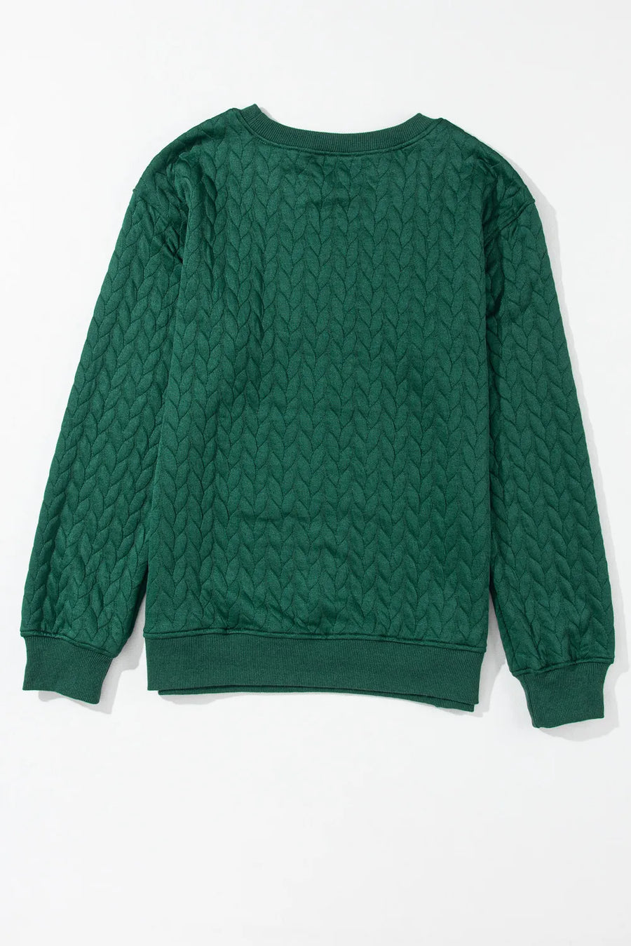 Dark green textured sweatshirt with cable knit pattern, crewneck, and long sleeves.