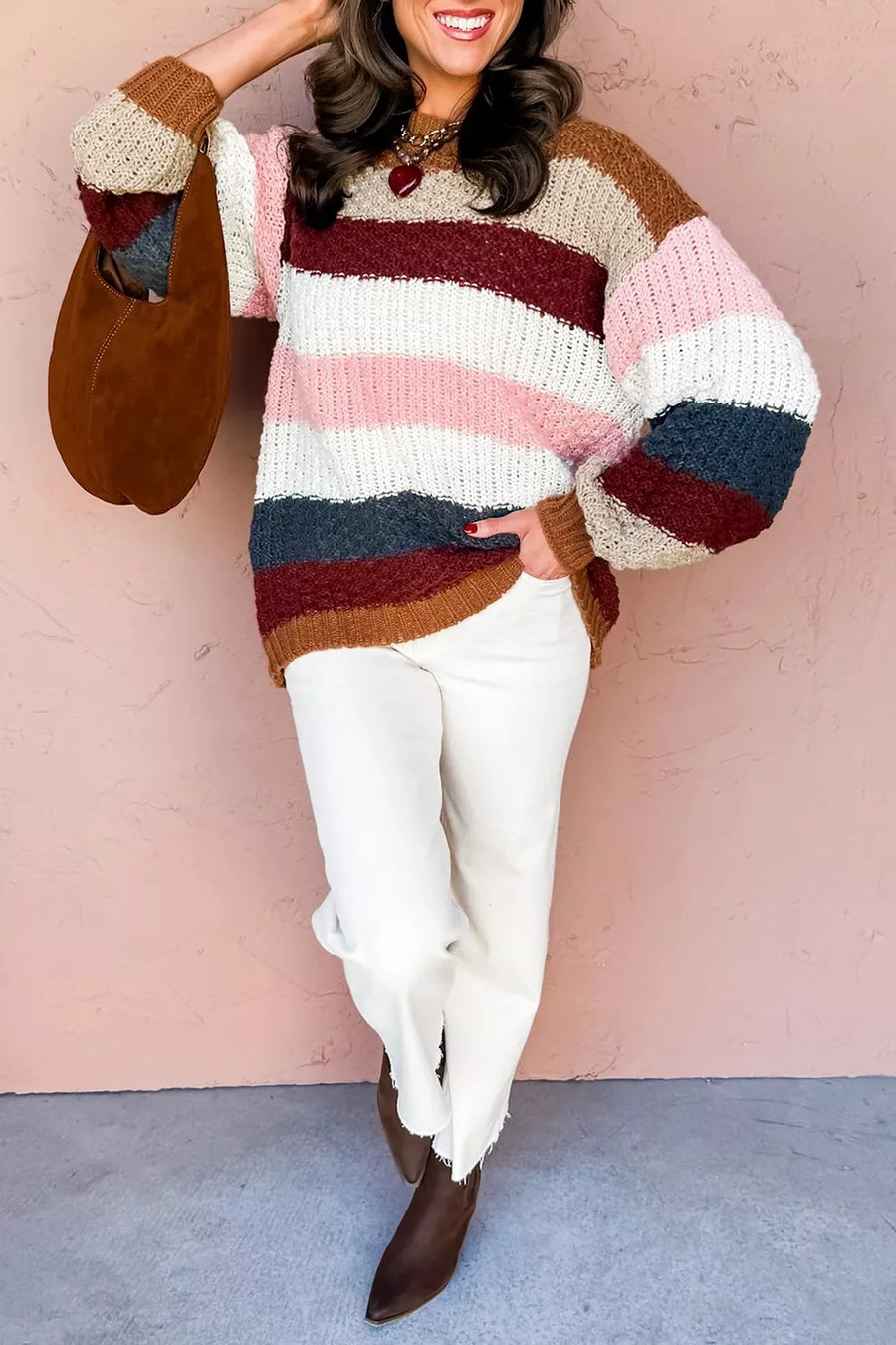 pullover sweater in burgundy with striped and dropped shoulder