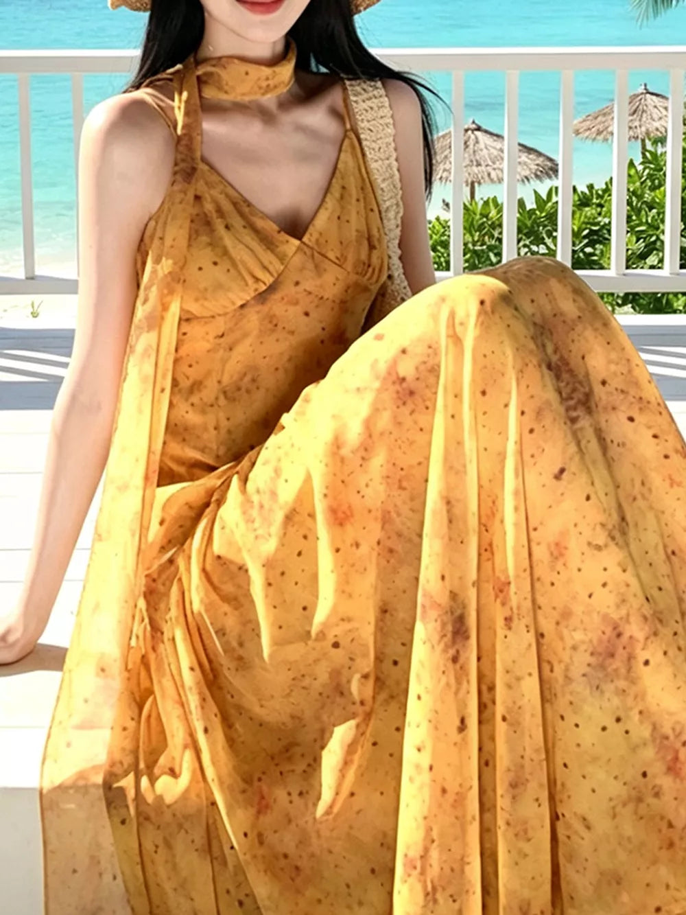 Yellow midi dress with midi and pullover